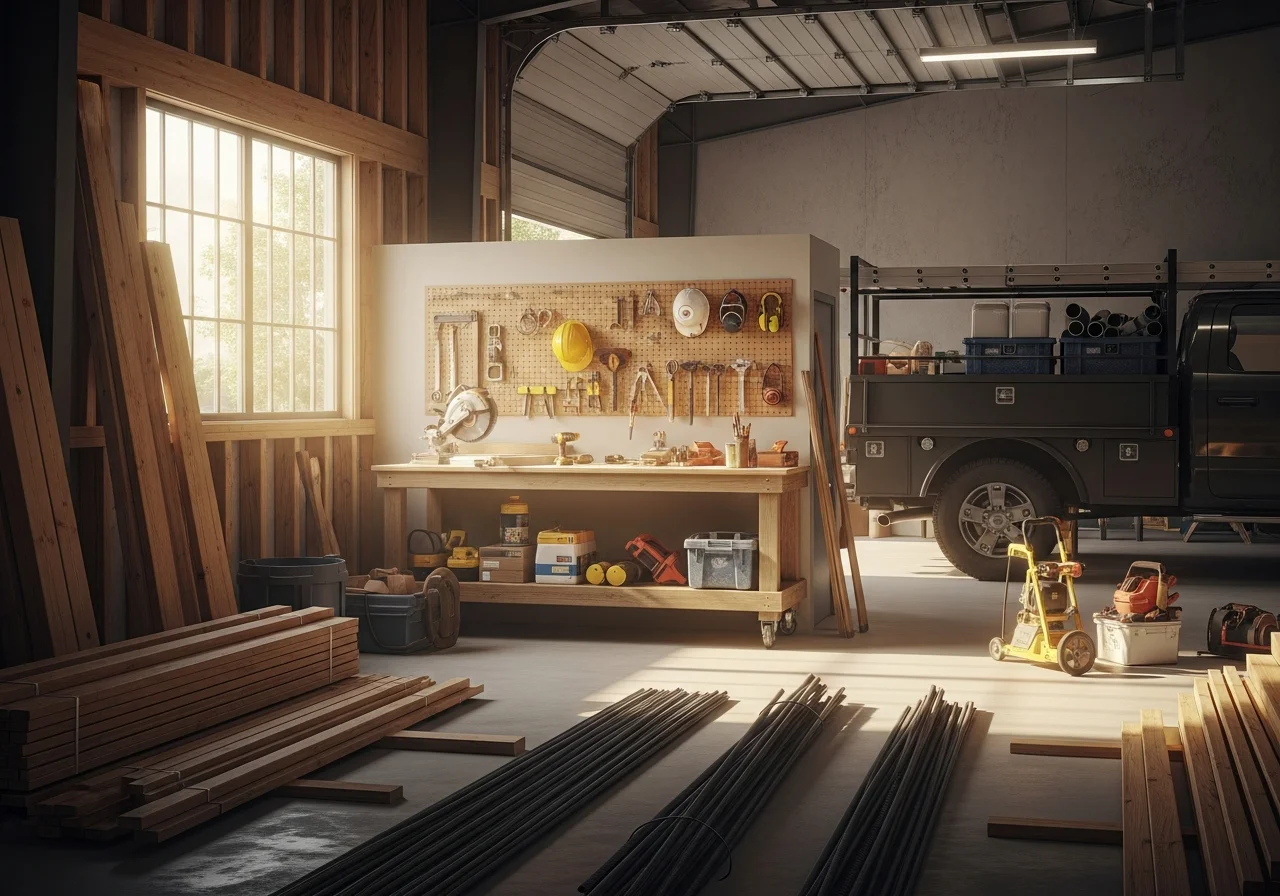 Construction crew and tools on a residential job site, showcasing professional equipment and materials ready for project work.