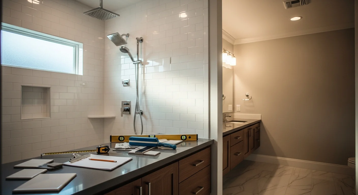 Renovated bathroom with tile shower, modern vanity, and updated lighting fixtures