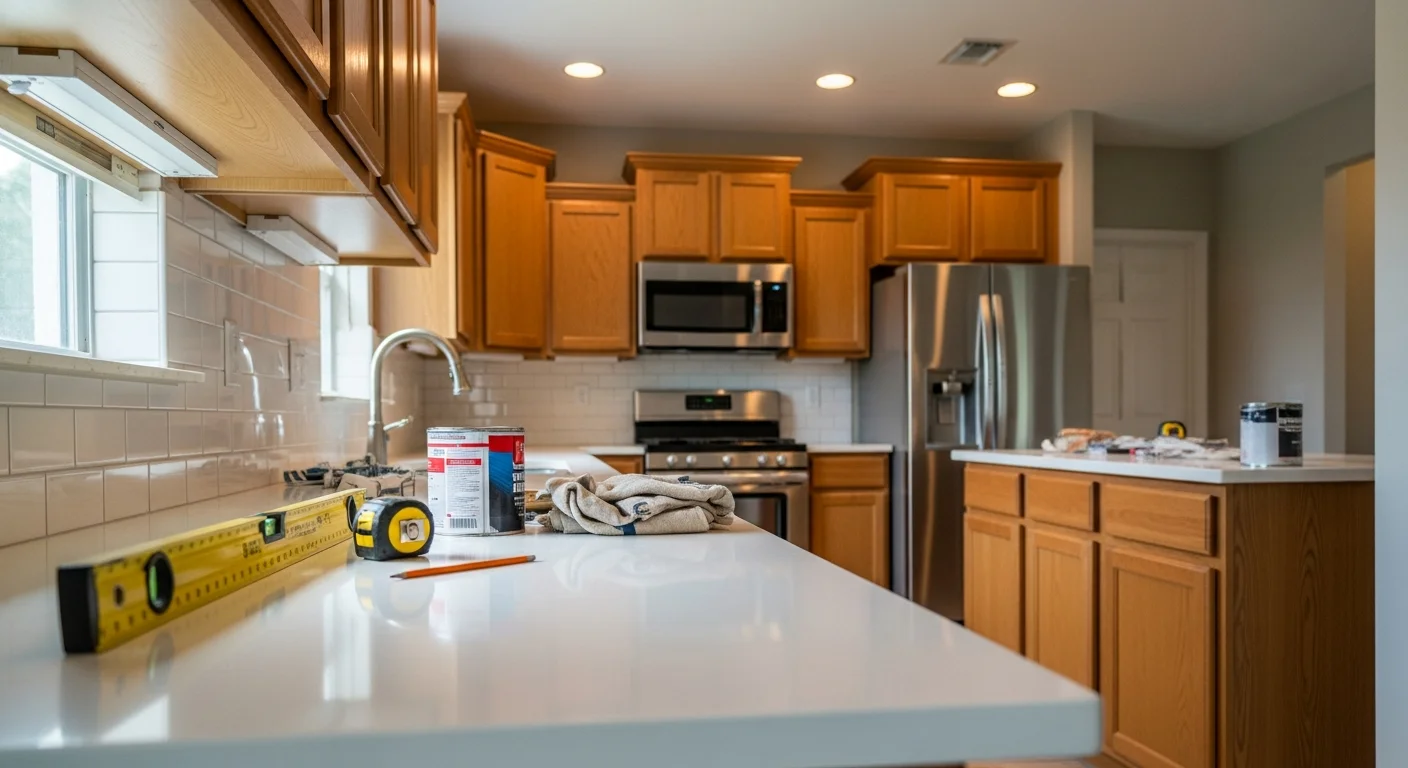 Modern kitchen with custom cabinets, granite countertops, and updated lighting