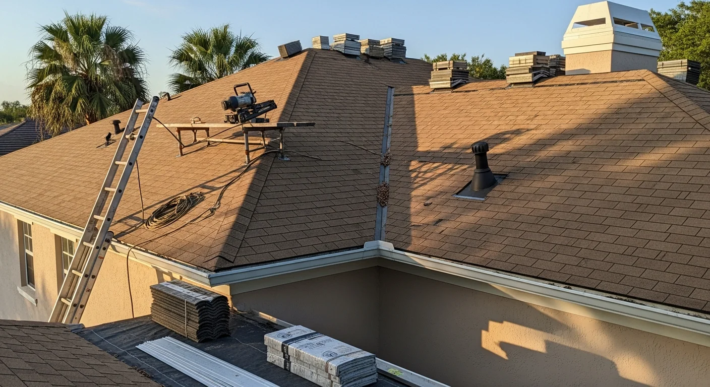 Residential roof installation with new shingles and proper flashing
