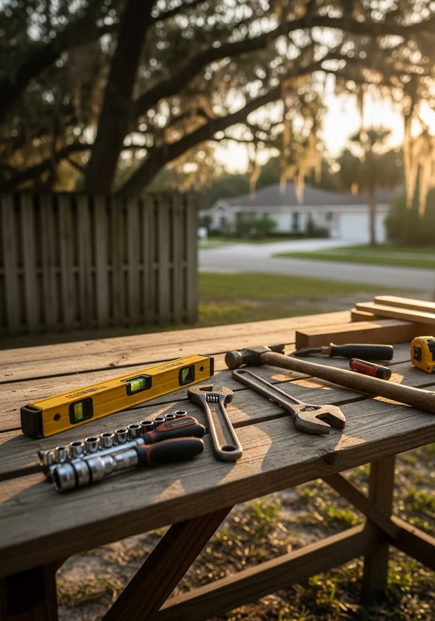 Manatee County service professional holding tools and standing near residential property.