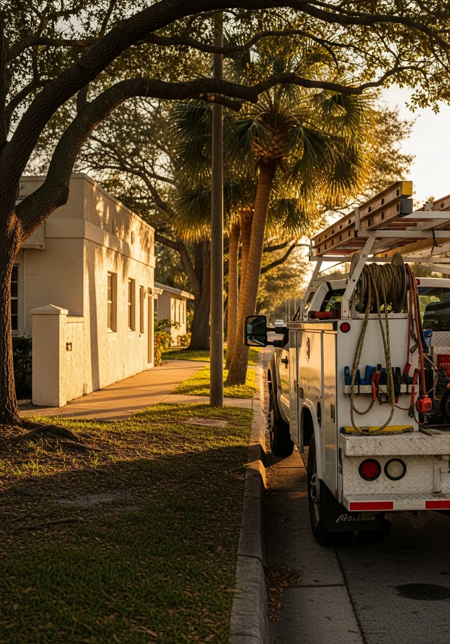 Sarasota County contractor in work uniform standing in front of service vehicle.
