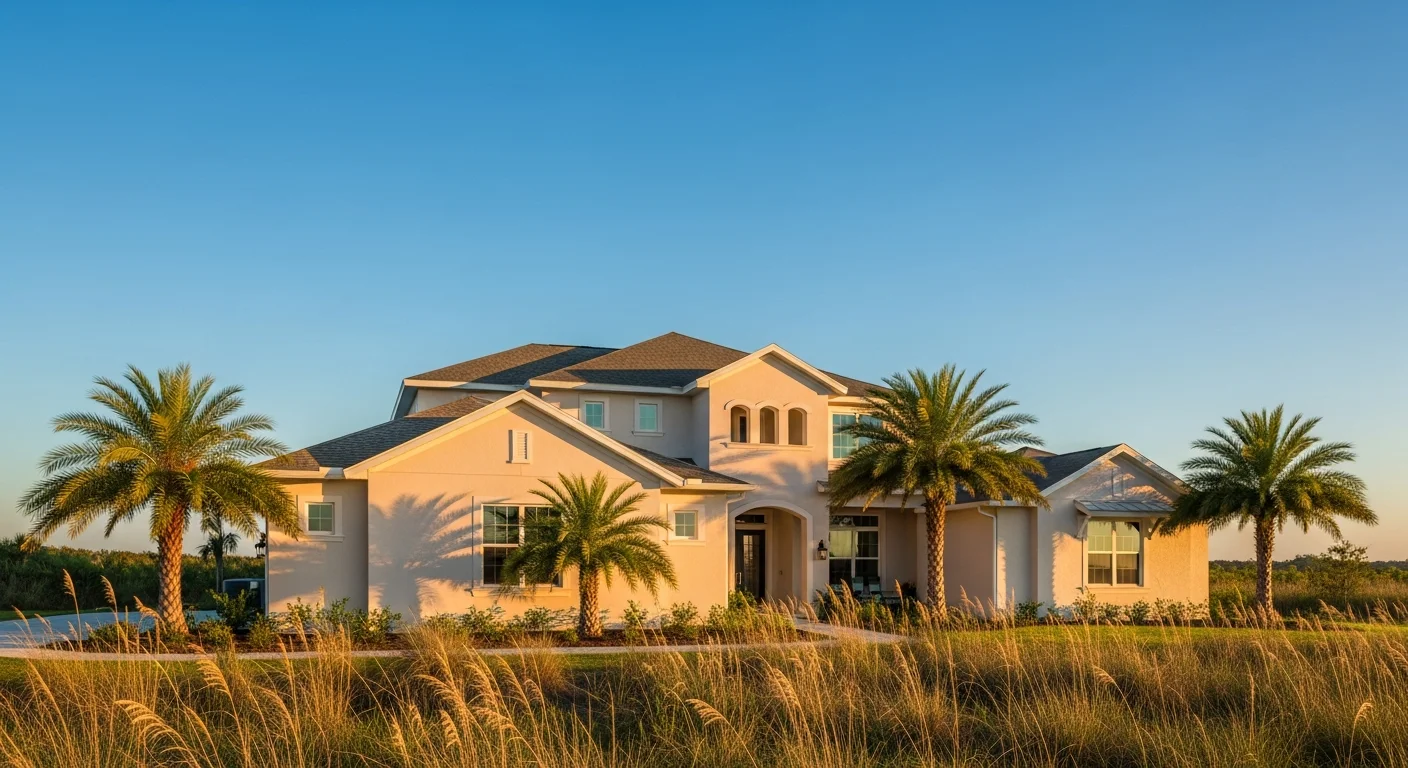 Sarasota County residential home with palm trees and coastal landscaping under clear blue sky.