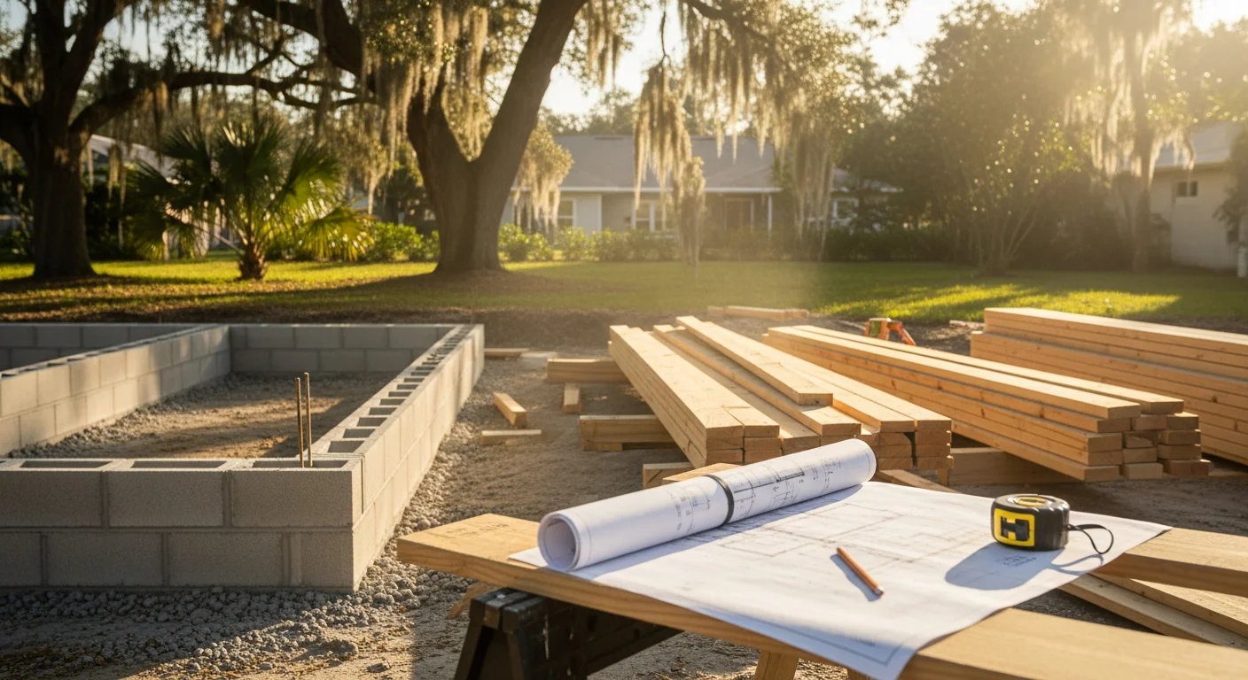 A newly constructed detached accessory dwelling unit with a covered entry and landscaped path sits behind a single-family home on a residential lot in Sarasota County, Florida. The ADU exterior matches the roofline, siding color, and window style of the primary structure.
