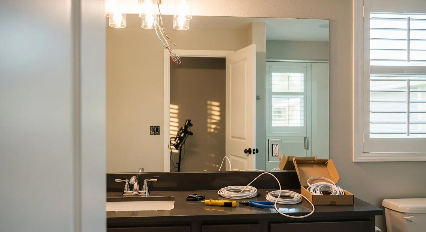A finished bathroom in a Sarasota County home showing a wall-mounted vanity light above a double-sink vanity and recessed ceiling fixtures providing even overhead illumination. The space reflects a completed Phoenix Construction US bathroom remodeling project with clean, shadow-free lighting throughout.