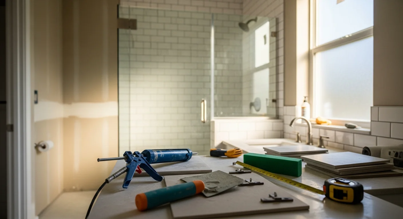 A finished bathroom remodel in a Sarasota County home showing a walk-in shower with tile walls, a new vanity, and updated fixtures. The space reflects a clean, coastal-appropriate design built for Florida's humid Gulf Coast climate.