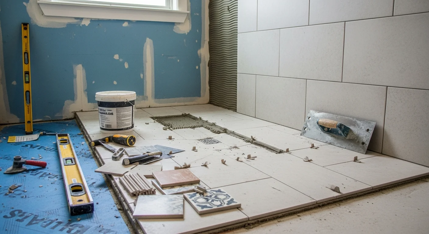 Freshly installed bathroom floor and shower wall tile in a Sarasota County home, showing clean grout lines and a waterproofed tiled shower surround. The bathroom floor features slip-resistant tile laid in a straight pattern with consistent spacing.