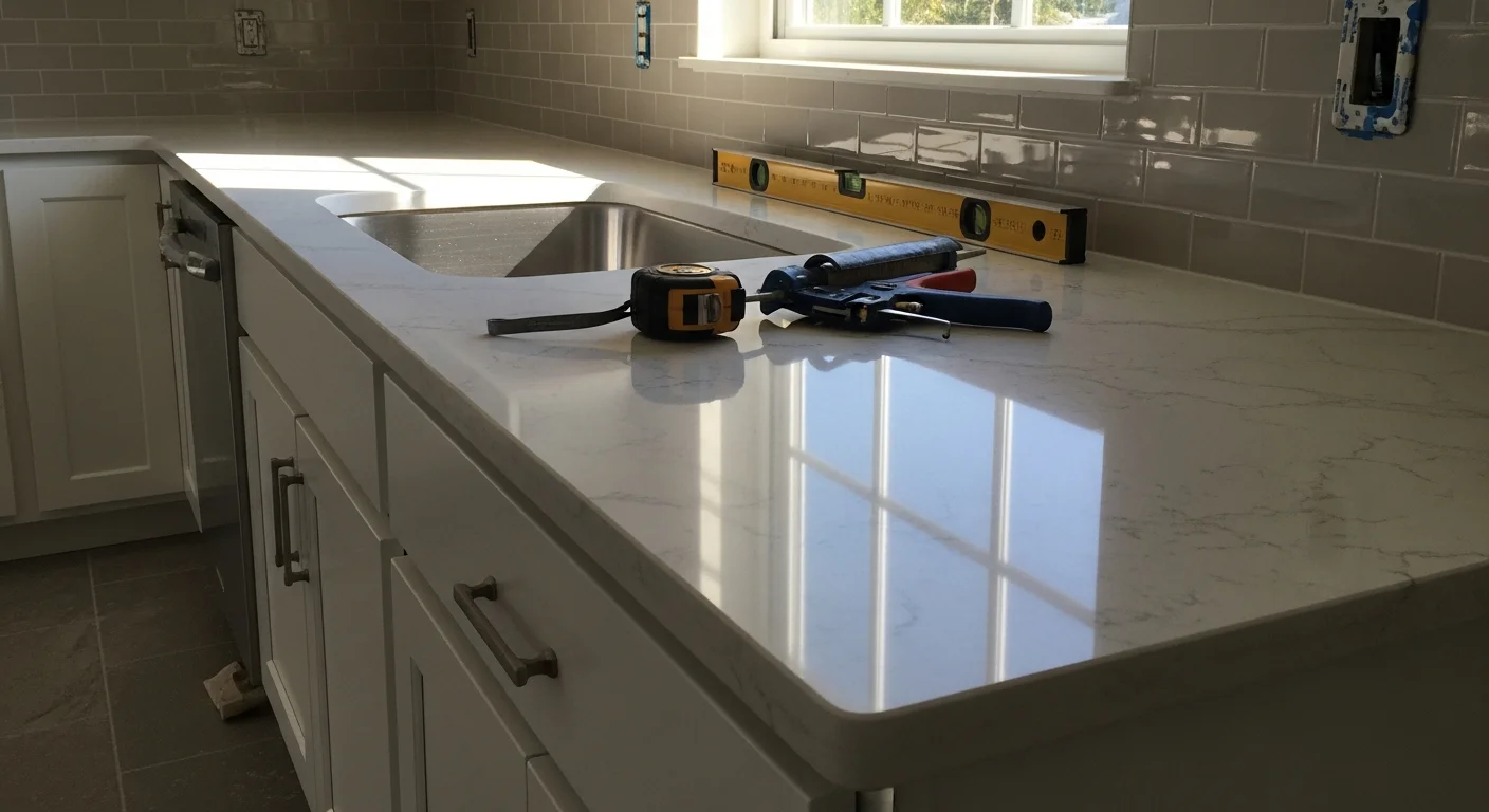 Newly installed kitchen countertops in a Sarasota County home, showing clean seams, a fitted undermount sink, and smooth surface edges. The kitchen features updated cabinetry and natural light from a window overlooking a Florida residential backyard.