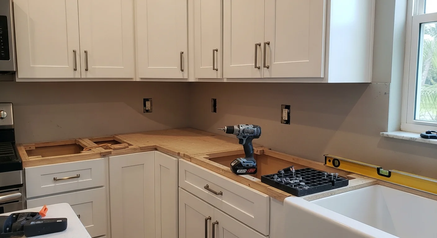 Newly installed custom kitchen cabinets in a Sarasota County home, showing floor-to-ceiling white shaker-style cabinetry with brushed hardware and an open-concept layout. The installation includes a pantry tower, deep base drawers, and upper wall cabinets aligned to a quartz countertop.