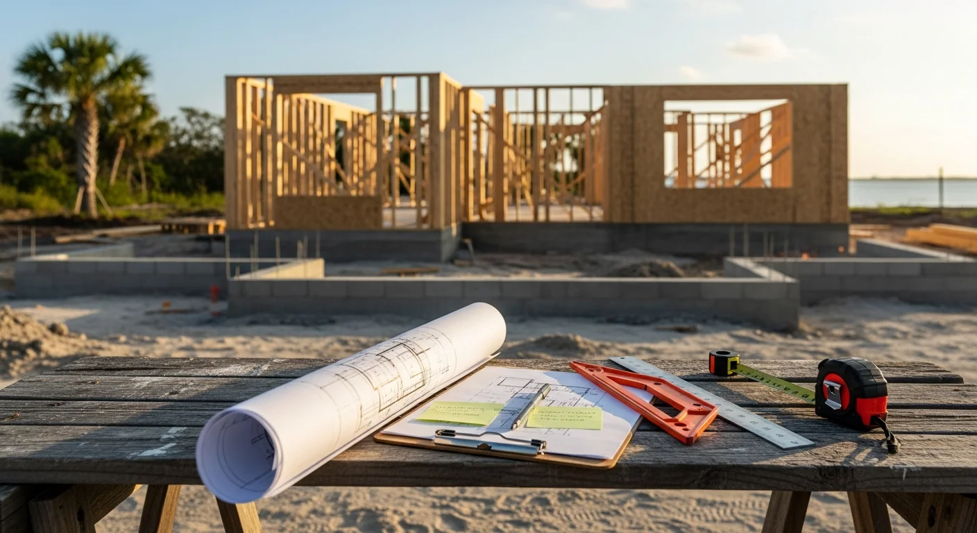A newly completed custom home in Sarasota County, Florida, featuring an open-concept exterior with a covered lanai and impact-rated windows. The home sits on a finished lot with a concrete driveway and Florida-friendly landscaping.