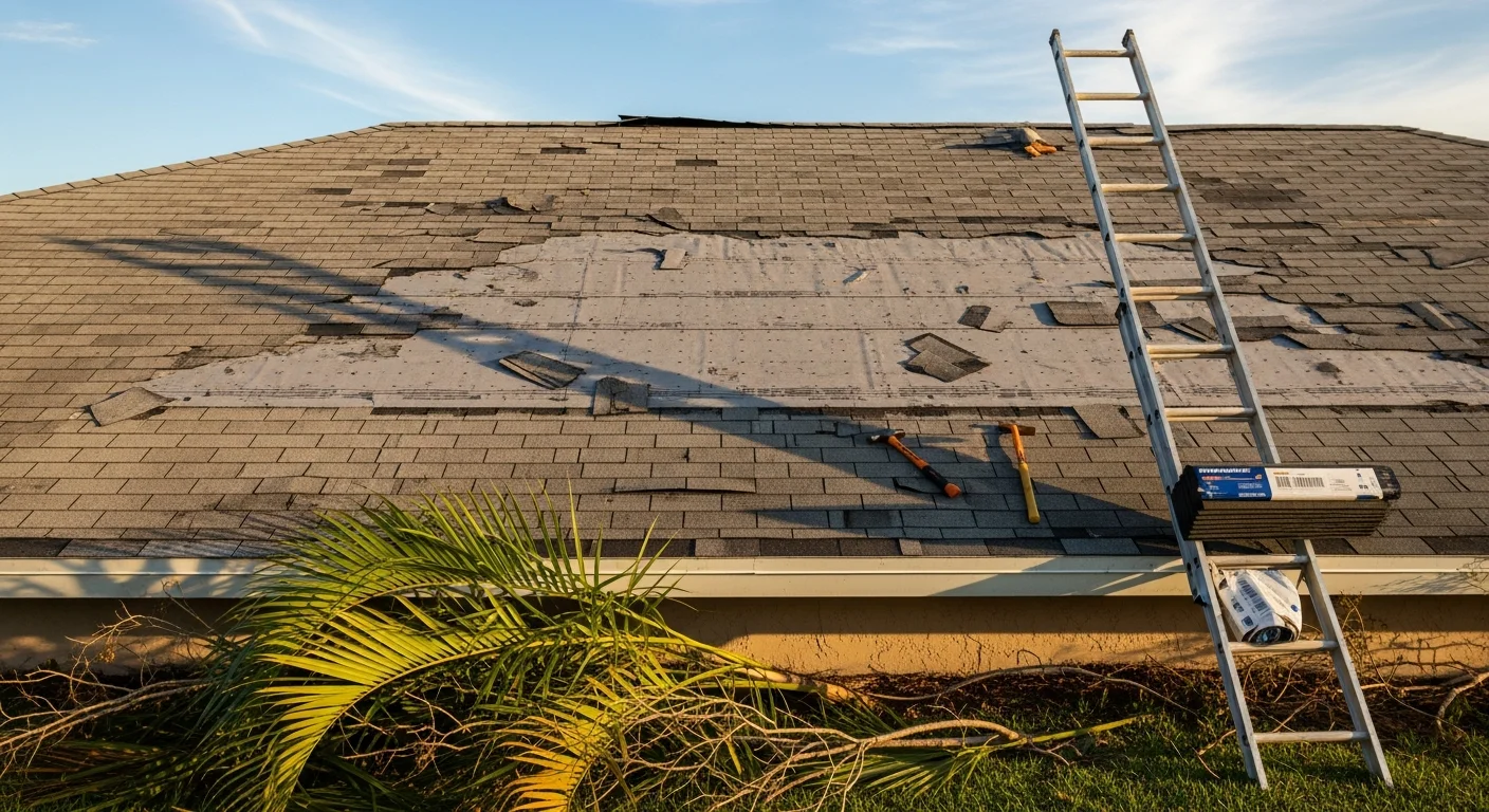 A Sarasota County residential roof with storm damage showing missing shingles and exposed roof decking after a hurricane-season wind event. A Phoenix Construction US crew member inspects the damaged section from a ladder during a post-storm emergency roof repair assessment.