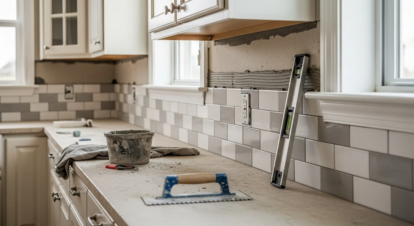 Freshly installed kitchen backsplash with clean grout lines behind the range and countertop in a Sarasota County home. The tile work runs from countertop to upper cabinets, showing even spacing and a finished edge along the cabinetry.