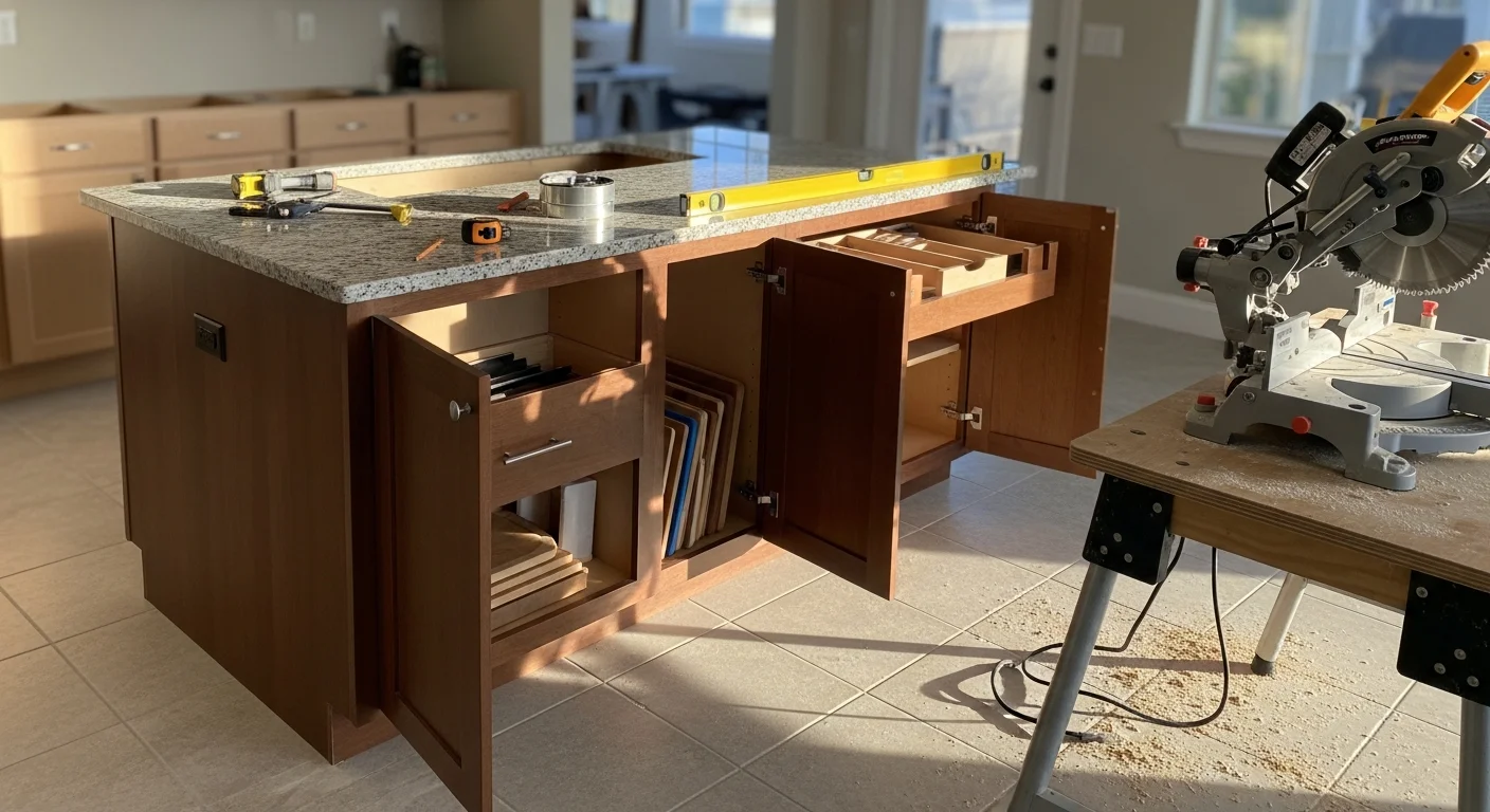 A newly installed custom kitchen island with a stone countertop and lower cabinet storage in a Sarasota County home. The island includes a seating overhang and is positioned with clear walkway space on all sides within an open-concept kitchen layout.