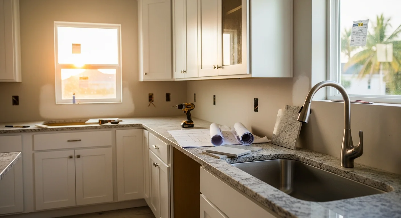 Remodeled kitchen in a Sarasota County home featuring an open layout, updated cabinetry, and moisture-resistant countertops. Completed by Phoenix Construction US for a Gulf Coast residential property.