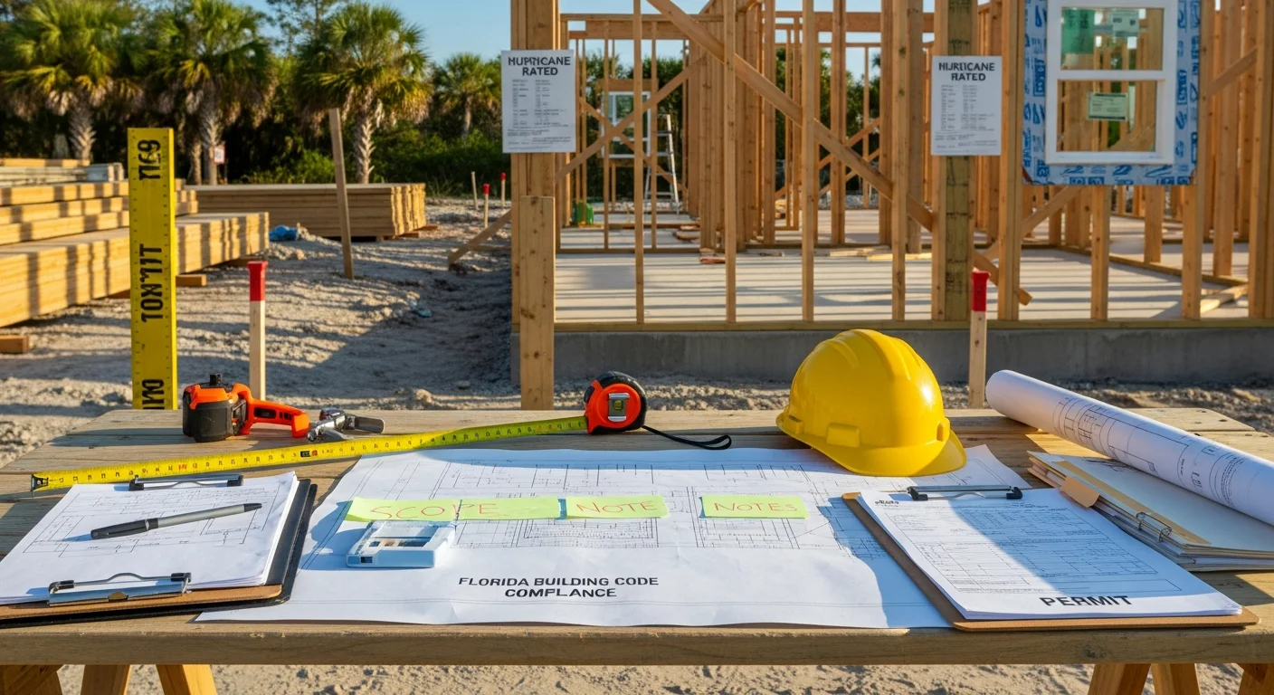 A licensed general contractor reviewing construction plans on an active build site in Sarasota County, Florida. Framed structure visible in the background with coastal Florida vegetation along the site perimeter.