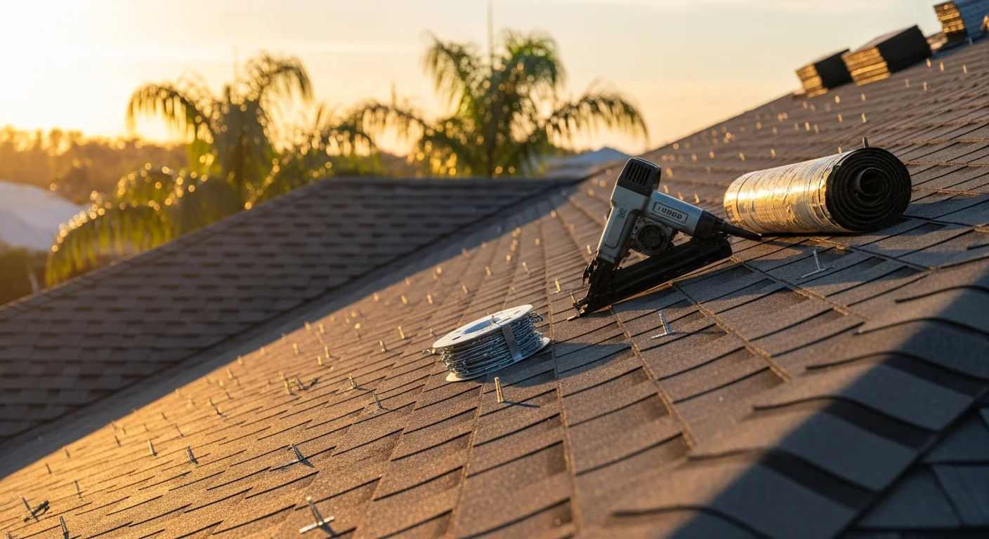 A newly installed residential roof on a single-story home in Sarasota County, Florida, showing clean roof lines and completed flashing work. The surrounding landscape reflects the Gulf Coast environment with palm trees and bright Florida sunlight.