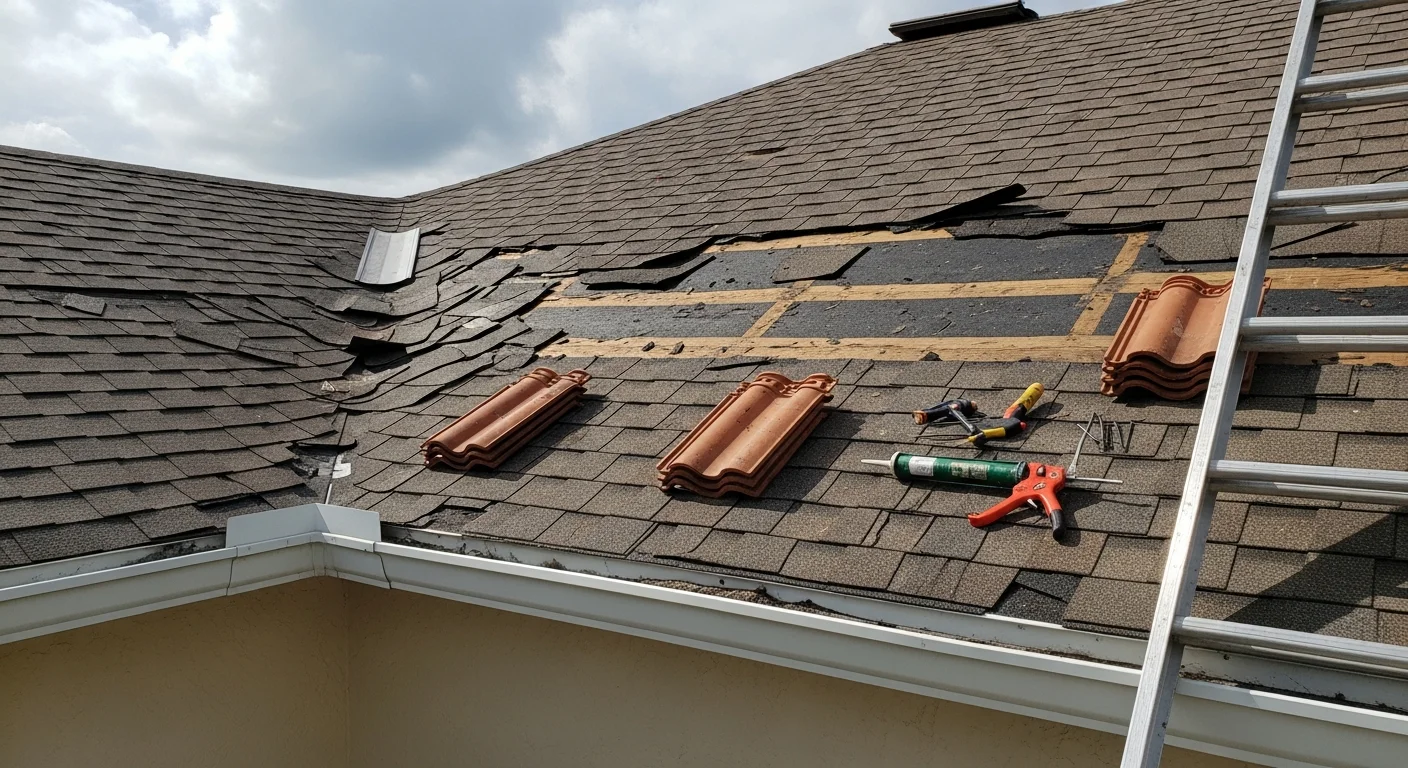 A Phoenix Construction US crew repairing cracked roof tiles on a residential home in Sarasota County, Florida. Close-up view shows replaced tile sections and resealed flashing along a roof ridge after storm damage.