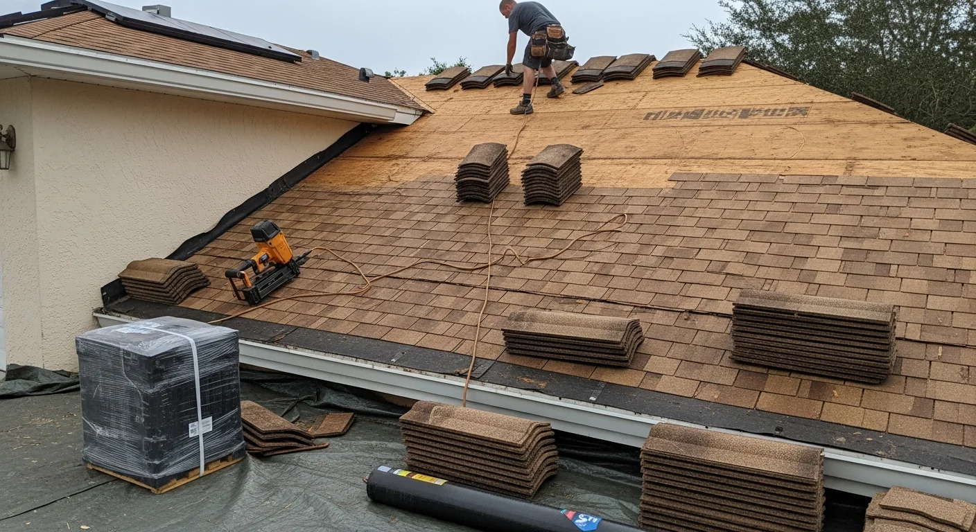 A completed residential roof replacement on a single-story home in Sarasota County, Florida, showing a clean new roof installation under clear Gulf Coast skies. The finished roof reflects the wind-resistant construction standards required for coastal properties in the region.