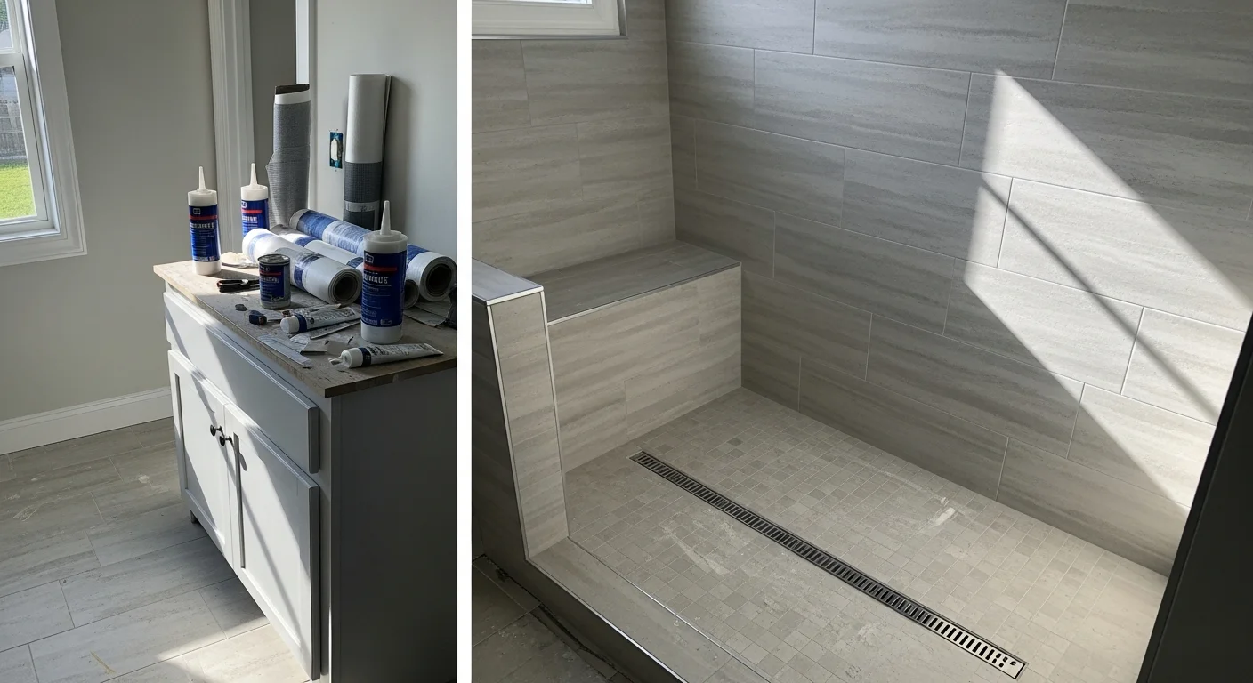 A newly installed walk-in shower with a curbless entry and tiled walls in a Sarasota County home bathroom. The enclosure shows clean grout lines, a recessed niche, and a frameless glass panel.
