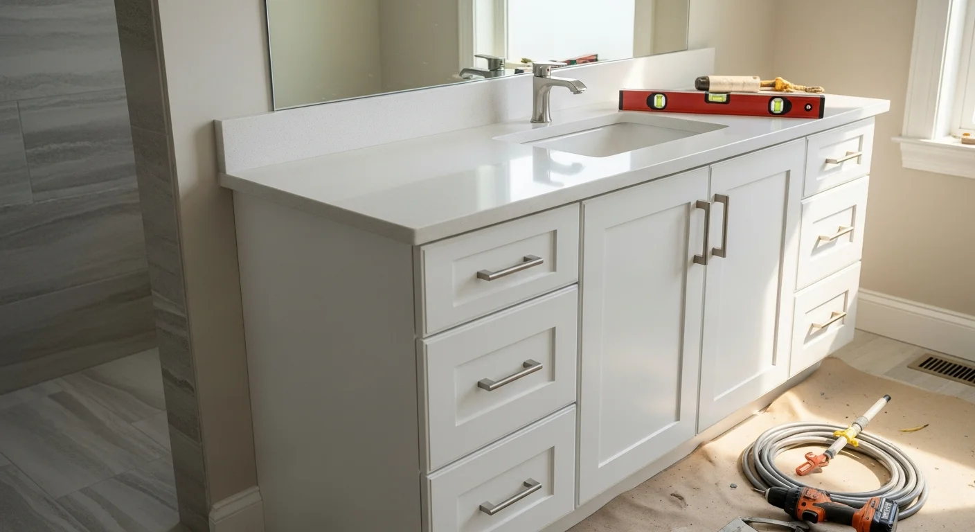 A newly installed bathroom vanity with a clean countertop and under-sink cabinet in a Sarasota County home. The finished installation shows level cabinet doors, a connected sink, and moisture-resistant construction suited to Florida's coastal climate.